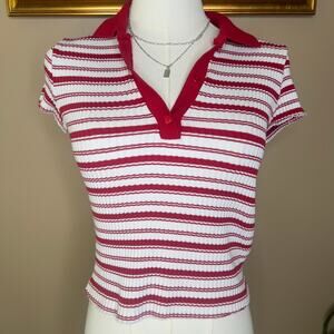 Zara Red White Striped Ribbed Polo Top Fitted Y2K Size Medium